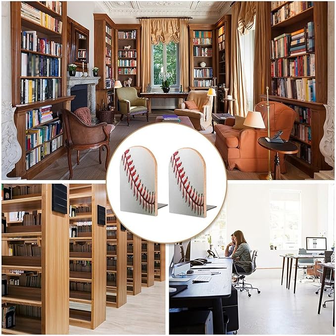 Sport Ball Baseball Lace Wooden Large Book Ends Bookends for Shelves, 2 Pack Non-Skid Bookends for Heave Books, Book Stoppers Holders for Kitchen Office Library, 6.7x4.7x3.9in