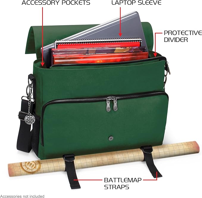 ENHANCE Collector's Edition RPG Player's Essentials DND Bag - Dragon Hide Exterior Messenger Bag Fits 2-4 Books, Binders, Dice & Accessories, with 17 inch Laptop Slot, Battlemap Straps (Dragon Green)