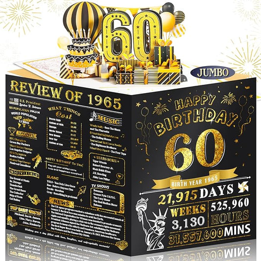 60th Birthday Card for Men Husband, Jumbo Pop Up 60 Year Old Birthday Cards for Women Men, Happy 60th Gifts for Him Her, Jumbo 60 Year Old Birth day Card, Review of 1965, Black Gold (8''x10'')