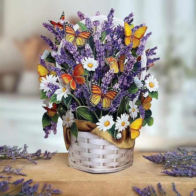 Freshcut Paper Pop Up Cards, Lavender & Butterflies, 12 Inch Life Sized Forever Flower Bouquet 3D Popup Greeting Card, Birthday & Thank You Card, Blank Notecard & Envelope