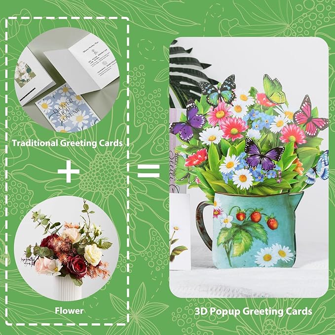 Pop Up Cards,Wildflowers & Butterflies,12 Inch Forever Flower Bouquet 3D Popup Greeting Cards With Blank Note Card and Envelope,Perfect For Birthday,Christmas,Thanksgiving Day,Mother's Day Gifts