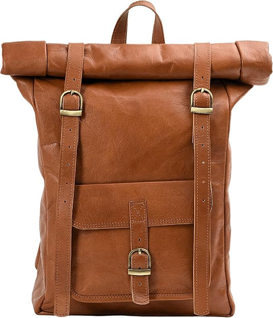 Genuine Leather Backpack for Men & Women, Rolltop Laptop Bookbag, Vintage Back Pack Rucksack for work & travel, Brown (Tan)
