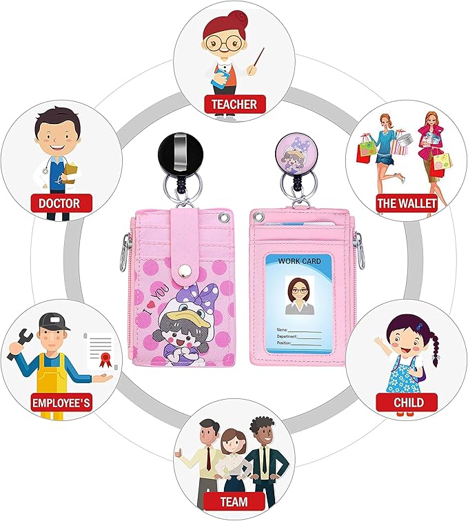 Cute ID Badge Holder Retractable Lanyard Reel Clip with Heavy Duty Carabiner,5 Card Slots in2 Sided with Key Ring and Zipper for Students Teens Boys Girls Office Staff Women (Purple Girl)