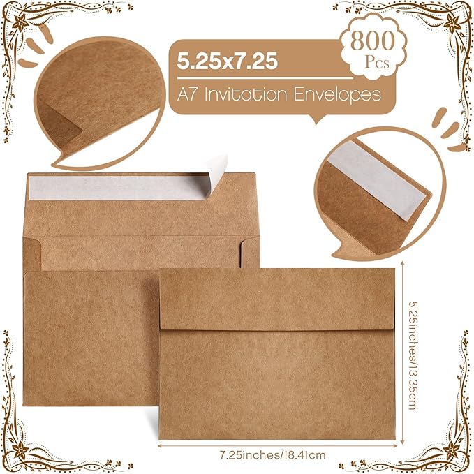 800 Pack A7 Brown Envelopes, 5 x 7 Envelopes for Invitation, Kraft Envelopes 120 GSM Gift Card Envelopes for Office, Gift, Party, Baby Shower, Wedding