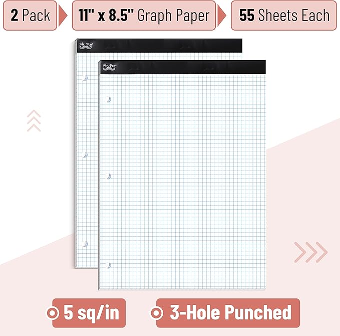 Mr. Pen- Graph Paper, 2 Pack of 55 Sheets, 8.5"x11", 5x5 (5 Squares Per Inch), 3-Hole Punched, Graphing Paper, Grid Paper Pad, Math Graph Paper Pad, Drafting Paper, Computation Pads, Math Paper