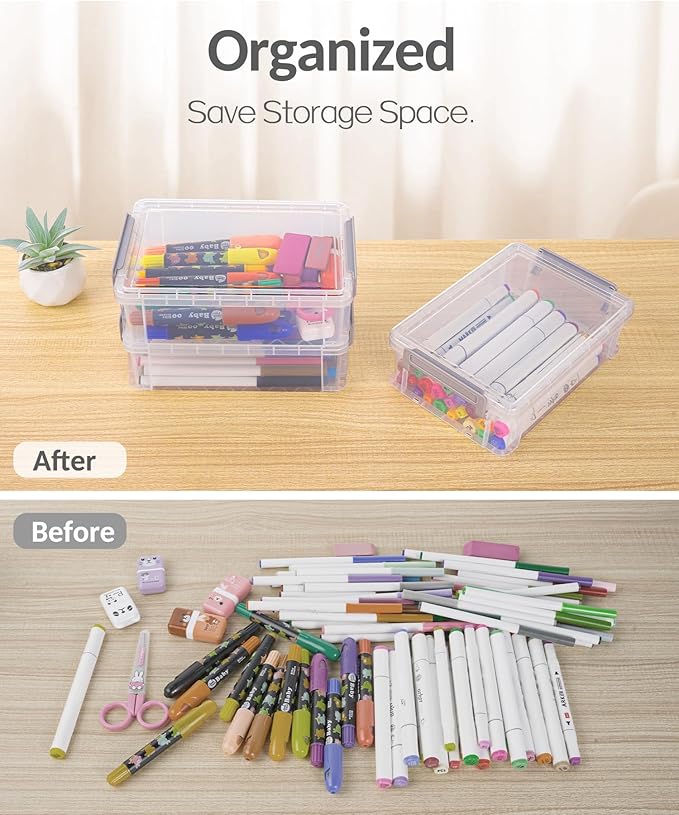 Sooez 6 Pack Extra Large Pencil Box, Plastic Pencil Case Crayon Box Bulk, Clear Marker Organizer Plastic Containers with Lid, Stackable Storage Box for Craft, Pen, Art, School Supply, Grey