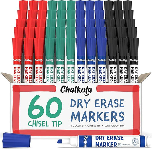 Chalkola Dry Erase Markers Bulk Pack of 60 Colors (15x Black, Red, Green Blue), White Board Markers Dry Erase Pens - Low odor Whiteboard Pens for Kids, Home, Office & Back to School Supplies