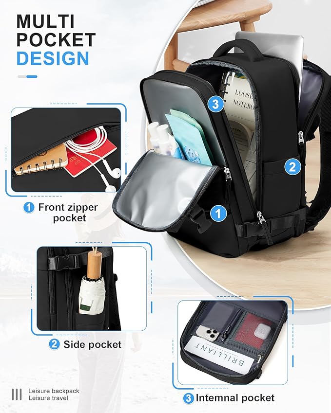 Small Black Backpack for Travel, Carry on Backpack for Men Women, Laptop Backpack with 14-15.6 inch Laptop Compartment, Flight Approved Water Resistant College Luggage Daypack with Shoe Compartment