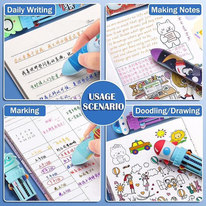 Multicolor Ballpoint Pen 0.7 mm, 10-in-1 Colored Pens Fine Point Retractable Cartoon Space Ballpoint Pens for Office School Supplies Students Kids Gifts, 6 Pack