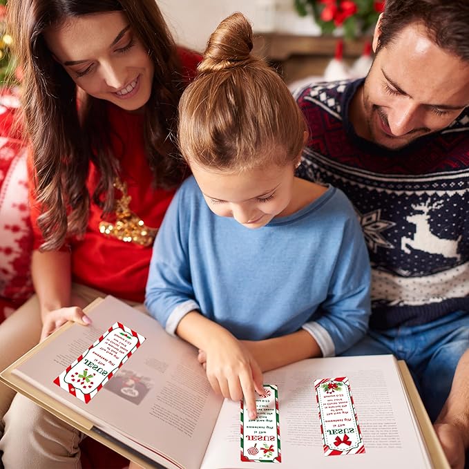 Haooryx 120pcs Christmas Theme Bookmarks, Christmas Candy Cane Pattern Bookmarks with Red Ribbons, Christian Religious Christmas Bookmark Party Favor for Sunday School Supply Classroom Students Reward