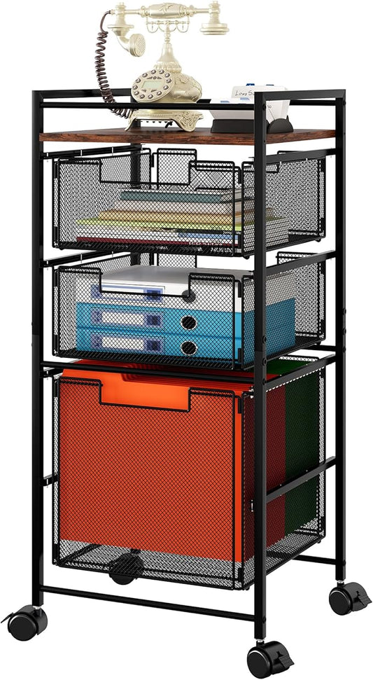 EasyPAG Rolling File Cabinet, Metal File Organizer Storage Cart, Mobile File Cart with Removable Drawers with 4 Swivel Casters Rolling Wheels Cart, 1 File Drawer and 2 Small Drawers, Black