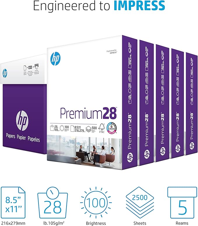 HP Papers | 8.5 x 11 Paper | Premium 28 lb | 5 Ream Case - 2500 Sheets | 100 Bright | Made in USA - FSC Certified | 205200C