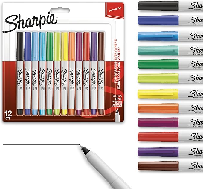 Sharpie Permanent Markers, Ultra Fine Tip Markers Set, Quick Drying And Fade Resistant Artist Marker For Wood, Plastic Paper, Metal, And More, Drawing, Coloring, And Poster Marker, Assorted Colors, 12 Count