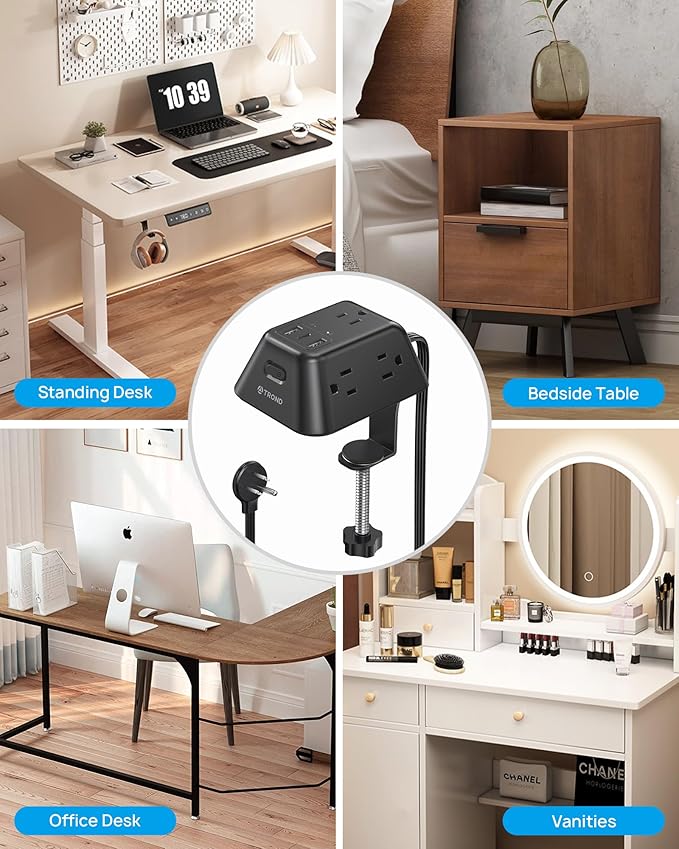 Desk Clamp Power Strip, Surge Protector with 5 AC Outlets and 3 USB Ports, Desk Mount Charging Station, Fit 1.97in Tabletop Edge Thick, 10FT Extension Cord, for Home Office Gaming Accessories