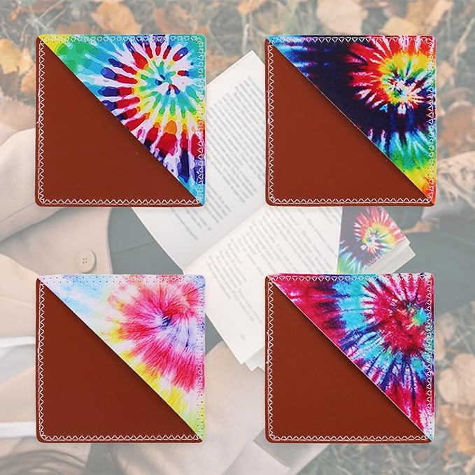 4 Pieces Leather Bookmarks, Cute Book Accessories for Reading Lovers, Page Markers for Women Men Kids Students Teachers Retirement Birthday Gift (Tie-Dye Print)