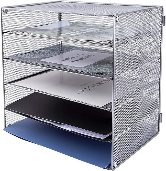 EASEPRES 5 Slot Mesh Desk Organizer Tray, File Paper Letter Folder Holder Desktop Paper Sorter Mail Organization Rack Storage Accessories, for Office Home School Classroom, Silver, 2 Pack