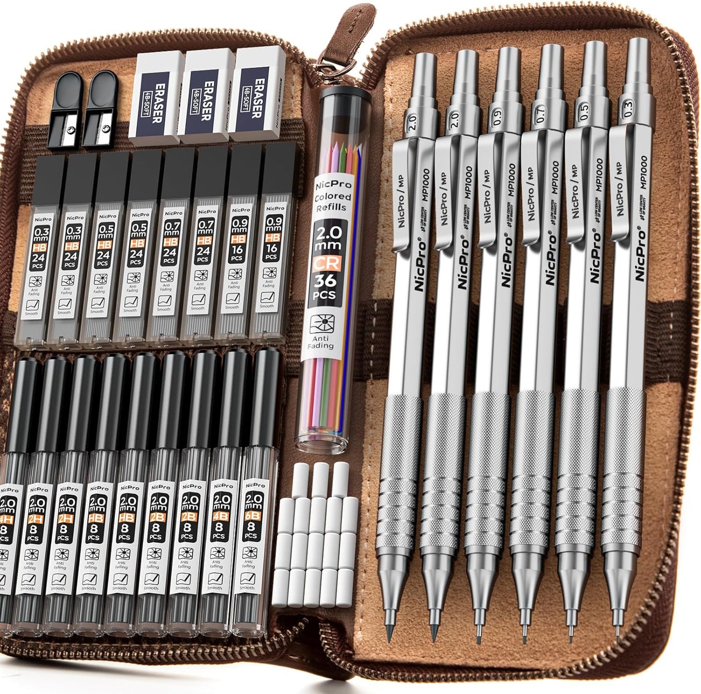 Nicpro 33PCS Metal Mechanical Pencil Set in Leather Case, Art Drafting Pencil 0.3, 0.5, 0.7, 0.9 mm, 2mm Lead Pencil Holders for Sketching Drawing With 18 Tube (6B 4B 2B HB 2H 4H Colors) Lead Refills