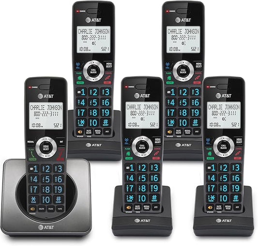 AT&T GL2101-5 DECT 6.0 5-Handset Cordless Home Phone with Call Block, Caller ID, Full-Duplex Handset Speakerphone, 2" White Backlit Display, Lighted Keypad (Graphite & Black)