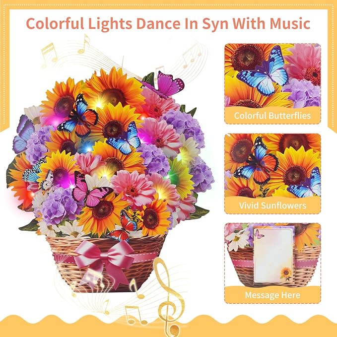 Flower Bouquet Birthday Cards with MUSIC & LIGHTS, 3D Pop Up Greeting Cards, 12 Inch Life Sized Sunflower Butterfly Mothers Day Cards for Mom Women Sister Daughter Grandma