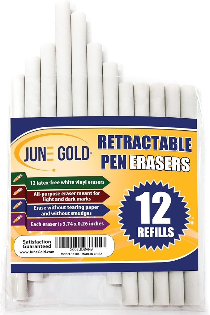 June Gold 12 Pack of Retractable Pen Eraser Stick Refills - Latex-Free, White Vinyl, & Precision Erasing