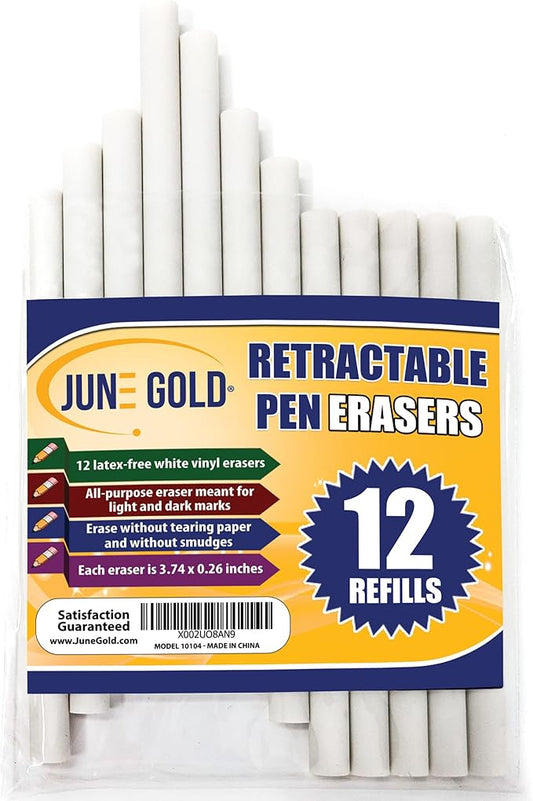 June Gold 12 Pack of Retractable Pen Eraser Stick Refills - Latex-Free, White Vinyl, & Precision Erasing