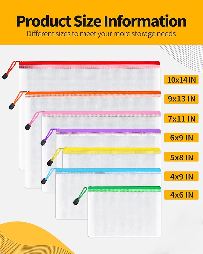 SUNEE Multisize Mesh Zipper Pouches (7 Colors, 21 Packs), Water-Resistant Zip Bag for School Office Supplies, Puzzles & Games Organizing Storage