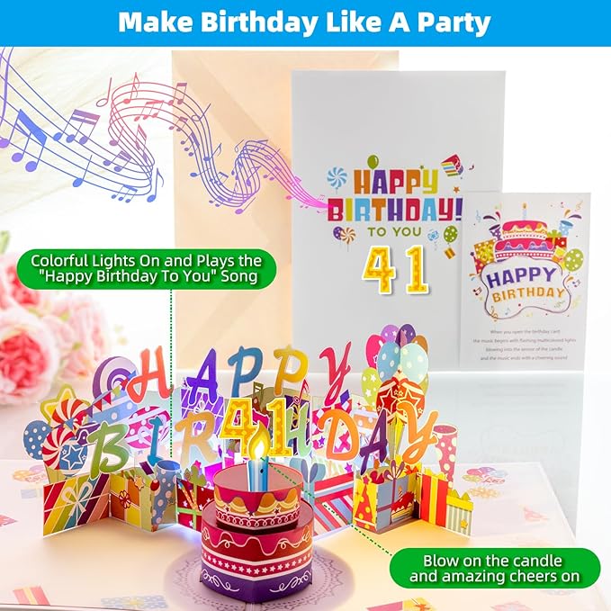 Gumry 41ST Musical Birthday PopUp Card, Blowable Colorful Light Candle 3D Cards with Song, Applause Cheers Sound, Greeting Cards Birthday Gifts Decorations for Women Men Turning 41 Years Old
