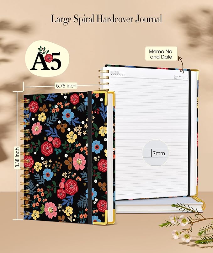 Cute Spiral Notebook Journal for Women, 160 Pages Lined Notebooks 5.75” x 8.38”, A5 Hardcover Spiral Journals with 100 GSM Thick Paper, College Ruled Notebook for Writing Work School, Rose Floral