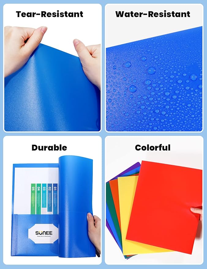 SUNEE 2 Pocket Folder (12 Pack, Assorted Colors) Heavy Duty Plastic Folders with Pockets Fit Letter-Size Papers, Two-Pocket Poly Folders Bulk for School, College, Office