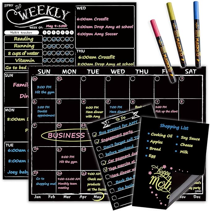 Magnetic Chalkboard Monthly Calendar - Weekly Planner Blackboard Combo Set w/Neon Bright Liquid Chalk Markers - Bonus Grocery List and Notepad Blackboard for Refrigerator Included