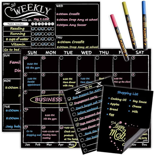 Magnetic Chalkboard Monthly Calendar - Weekly Planner Blackboard Combo Set w/Neon Bright Liquid Chalk Markers - Bonus Grocery List and Notepad Blackboard for Refrigerator Included