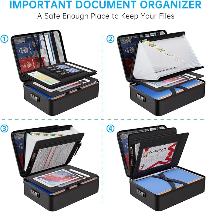 ENGPOW Fireproof Document Box with Lock,5200℉ Soft Case Fireproof Box with 25 Pocket Accordion File Folder,Multi-Layer Fireproof Water Resistant Safe Box File Organizer for Important Documents,Laptop