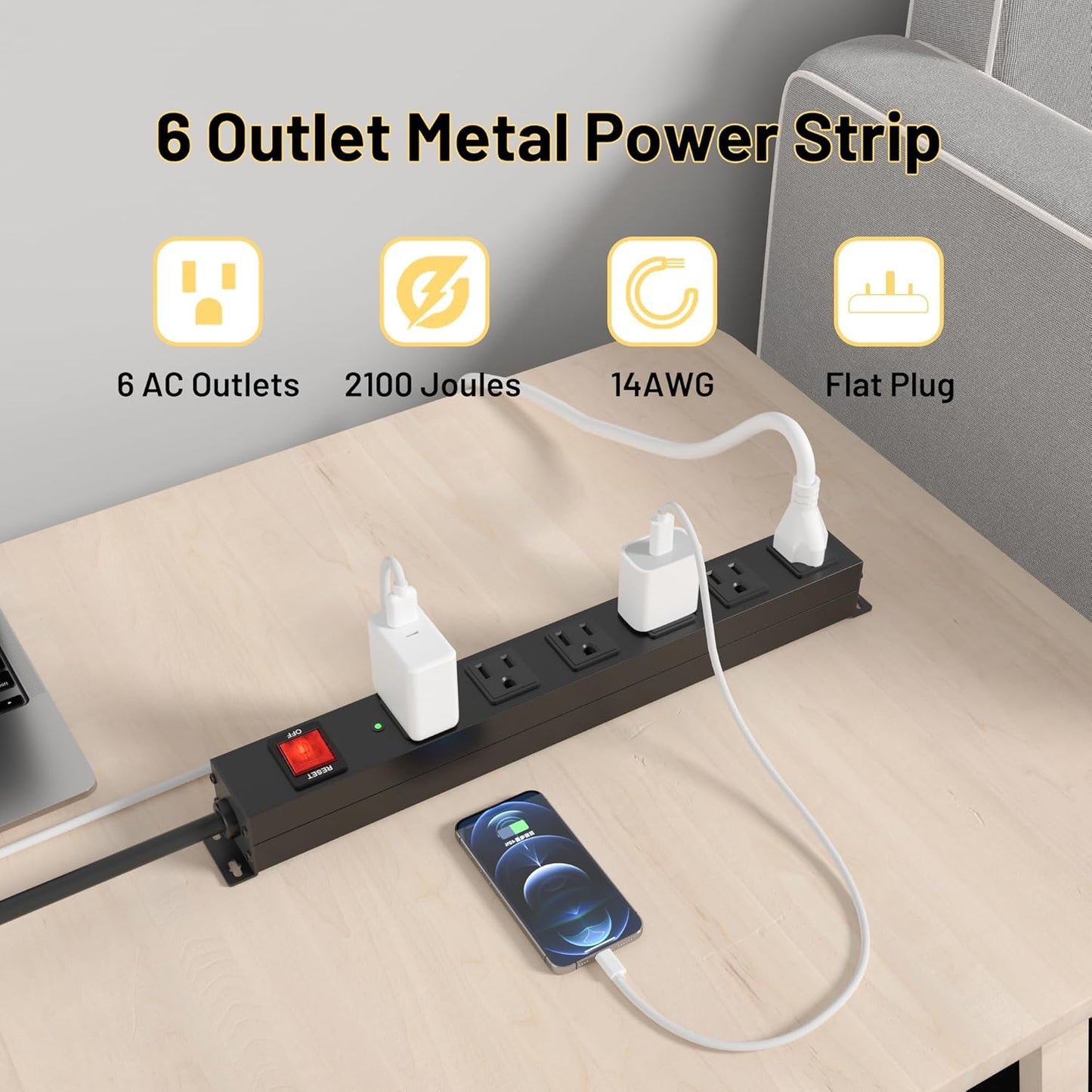 KF Matel 6 Outlet Power Strip Surge Protection 2100J, Heavy Duty Wide Space Power Strip with Flat Plug, 14AWG 6FT Extension Cord for Home, Garage, Shop