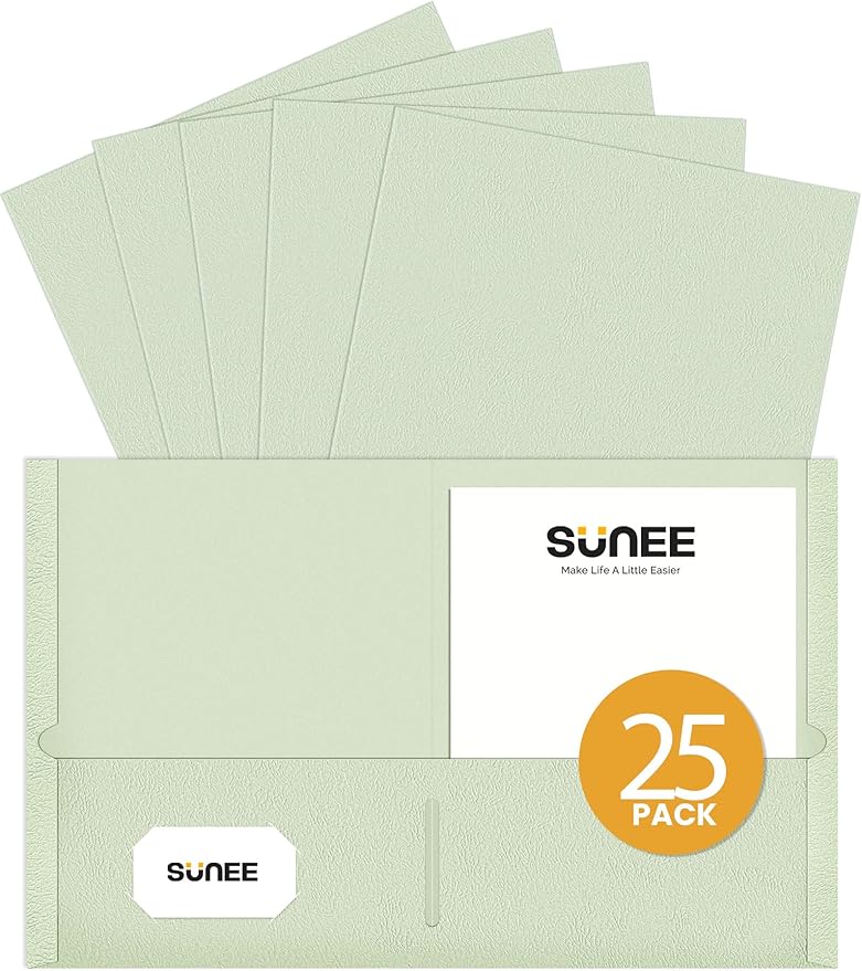 SUNEE Folders with Pockets (25 Pack, Grayish Green), 2 Pocket Folders Fit Letter Size Paper, Paper File Folder for School Office Home Business, Textured Paper