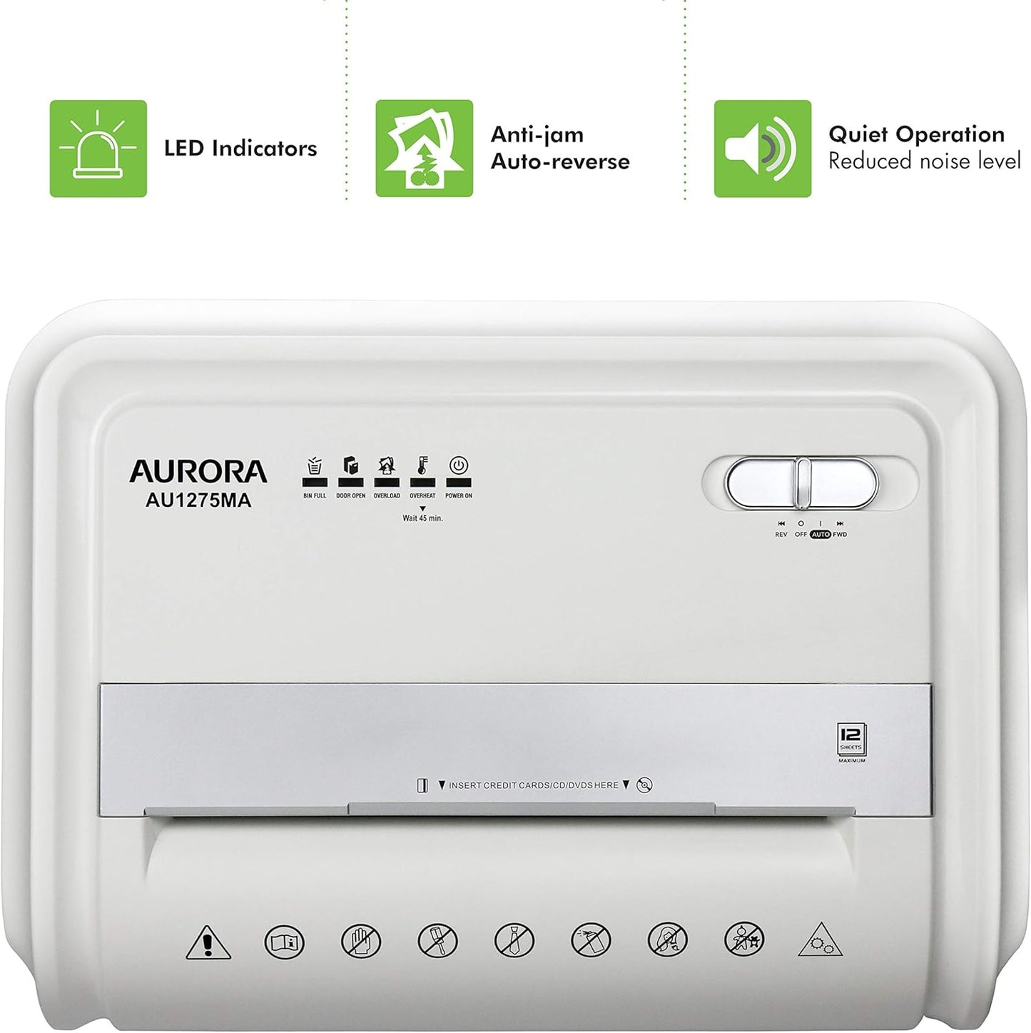 Aurora AU1275MA Professional Grade 12-Sheet Micro-Cut Paper and CD/Credit Card Shredder/ 60 Minutes Continuous Run Time, White/Gray