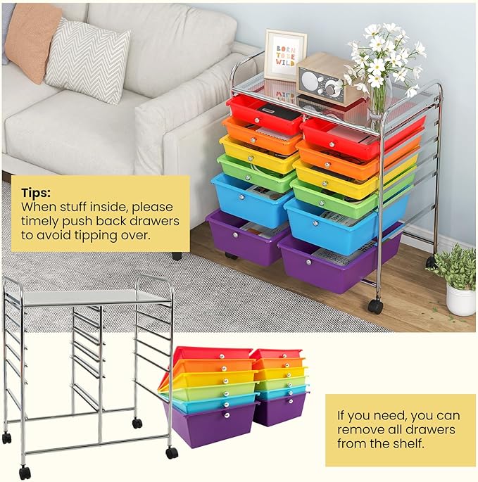 Giantex 12-Drawer Rolling Storage Cart, Multipurpose Movable Organizer Cart, Utility Cart for Home, Office, School (Multicolor)