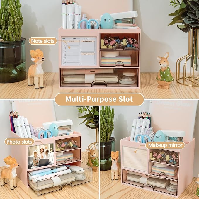 Desk Organizer with 3 Drawer, Multi-Functional Pencil Pen Holder for Desk, Desk Organizers and Storage with 8 Compartments, Desktop Organizer for Office Home Art Supplies (Pink)