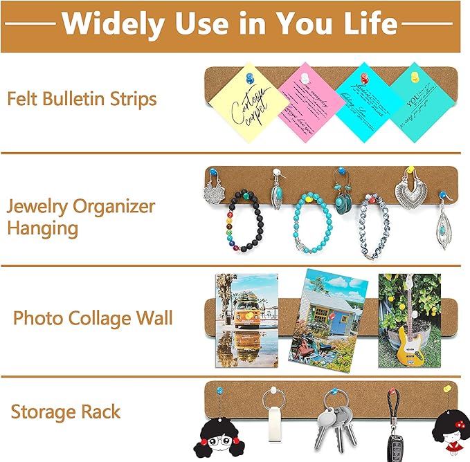 8 Pack Felt Pin Board Bar Strips Bulletin Board for Bedrooms Offices Home Wall Decoration, Notice Board Self Adhesive Cork Board with 50 Push Pins for Paste Notes, Photos, Schedules