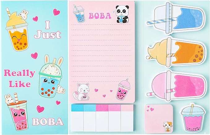 I Just Really Like Boba Sticky Notes Set, 550 Sheets, Cute Bubble Tea Self-Stick Notes Pads Milk Tea Theme Divider Tabs Bundle Writing Memo Pads Back to School Office Supplies Small Gift