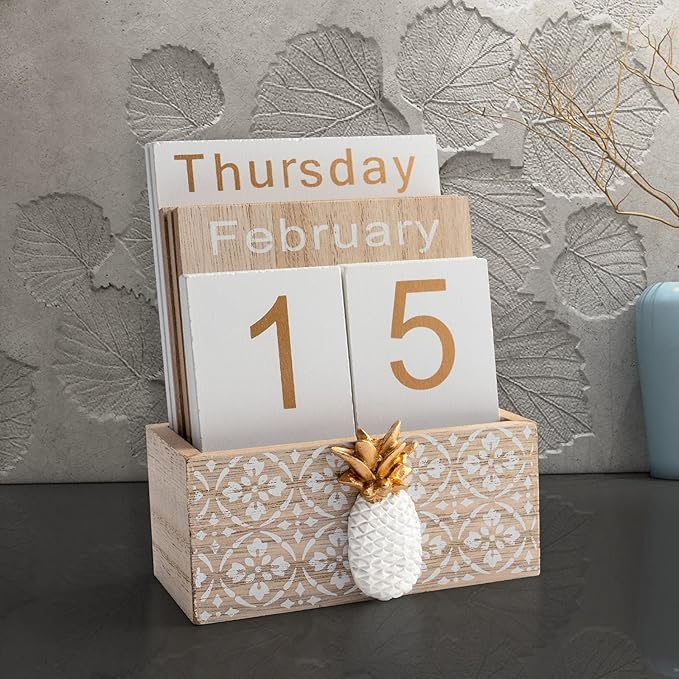 Notakia Vintage Wood Block Perpetual Calendar Month Week Date Display for Home Office Desk Rustic Decoration, Brown pineapple