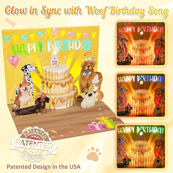 Birthday Cards, Dog Funny Blowable Candle Pop up Greeting Card with Lights Music, Birthday Gifts for Women Men Dog Lover Mom or Dad