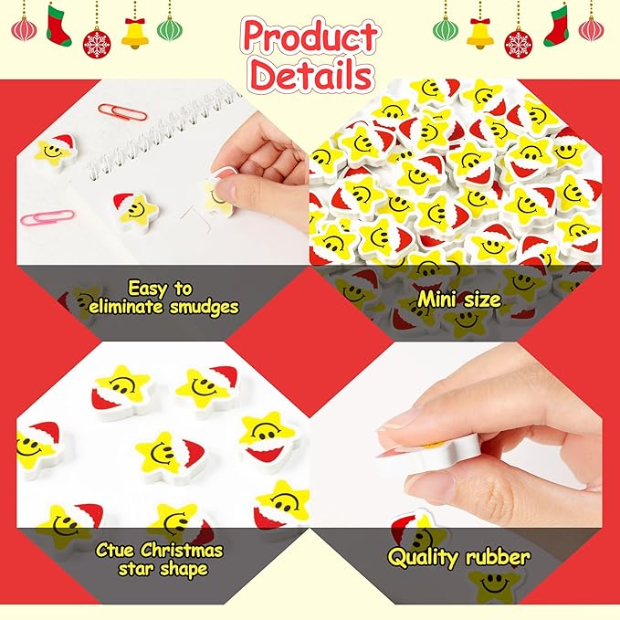 Christmas Winter Pencil Erasers - 60pcs Xmas Mini Erasers bulks Holiday Rubber Smiley Face Winter Christmas Party Favors School Rewards Cute Star Cartoon Rubber Eraser New Year holidays Gift