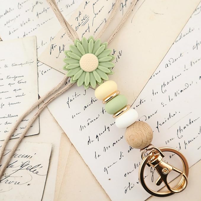 Flower Teacher Lanyards ID Badge and Key Chain, Cute Silicone Beads Lanyard for Women Nurse Work Student (Lovelia)