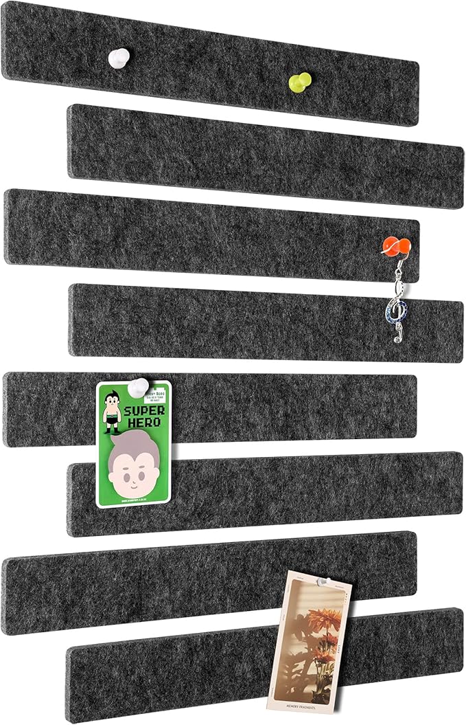 Cork Board for Walls - 8 Pack Felt Pin Board Bar Strips - Self-Adhesive Lightweight Bulletin Board - Cork Board for Office with 40 Push Pins No Damage for Wall