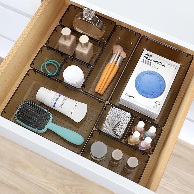 7 PCS Clear Plastic Drawer Organizers Set, 4 Size Desk Drawer Organizer Trays for Makeup, Jewelry, Kitchen Utensils, Gadgets and Office Accessories, Black