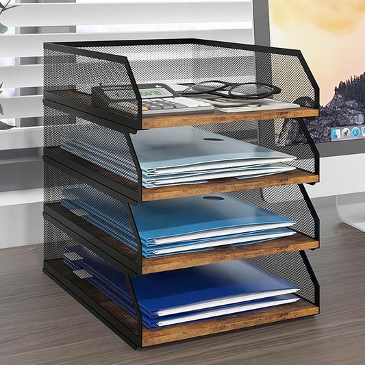 Natwind 4-Tier Stackable Paper Tray, Metal Mesh Desktop Organizer, Wood Board Paper Sorter, Letter Trays,File Document Storage Rack for for Home, Office, School (Retro)