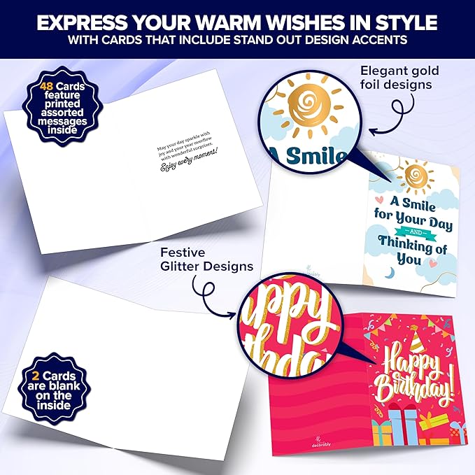 Decorably 50 Pack Gold Foiled & Glittery 5x7in All Occasion Cards Assortment Box with Envelopes & Stickers, 50 Unique Designs Cards for All Occasions with Printed Message Inside - Birthday, Thank You
