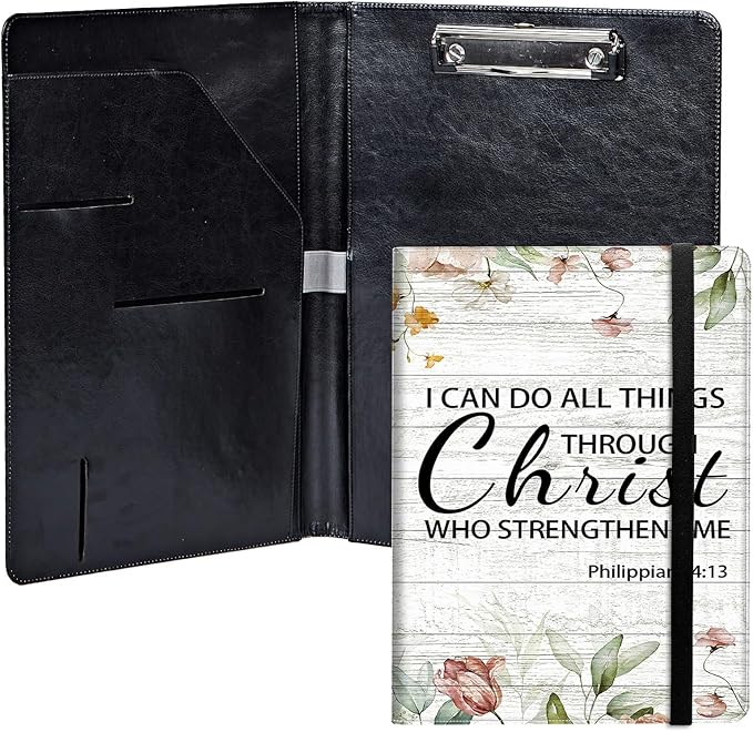 Bible Philippians 4:13 PU Leather Padfolio Clipboard Notepad with Pen Loop and Elastic Strap Interview/Resume Document Organizer for Business School Office