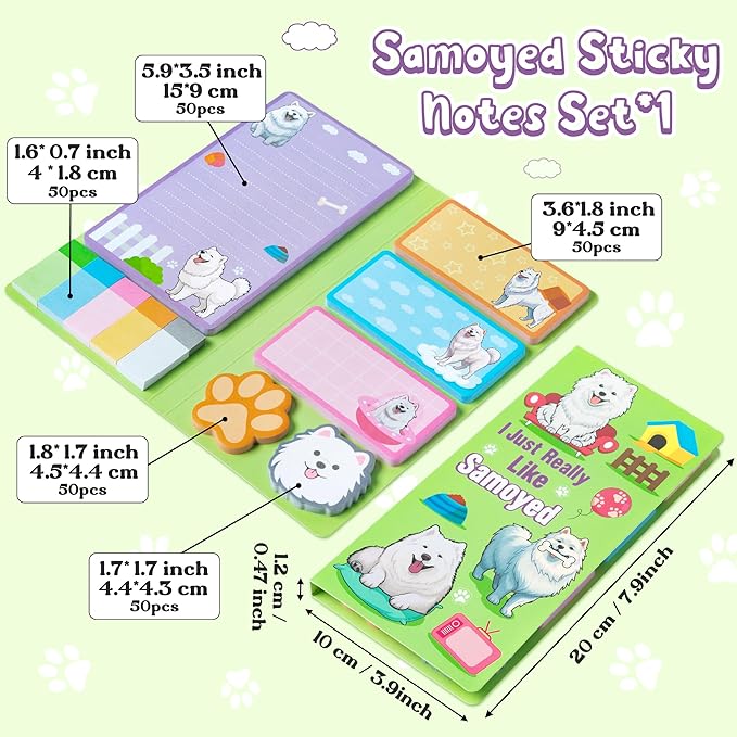 I Just Really Like Samoyed Sticky Notes Set, 550 Sheets, Cute Samoyed Self-Stick Notes Pads Animal Divider Tabs Bundle Writing Memo Pads Page Marker Back to School Office Supplies Small Gift