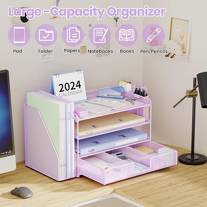 Paper Clip Holders Desk Organizers and Accessories,4-Tie Leter Tray Organizer with 2 Pen File Holder,Desk Drawer,Ofice Accesorie for Office Supplies,Purple